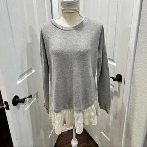 Altar’d State gray waffle knit pullover with lace trim waistline